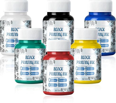 Block Printing Ink Set, 6 Colors Water Soluble Ink for Fabric Paper and Printmaking Creations Fine Granule Moderate Viscosity Vibrant Colors 2.02 Oz Each in Kuwait