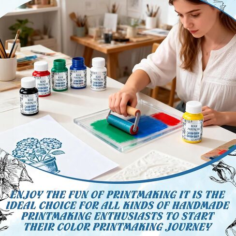 Block Printing Ink Set, 6 Colors Water Soluble Ink for Fabric Paper and Printmaking Creations Fine Granule Moderate Viscosity Vibrant Colors 2.02 Oz Each in Kuwait