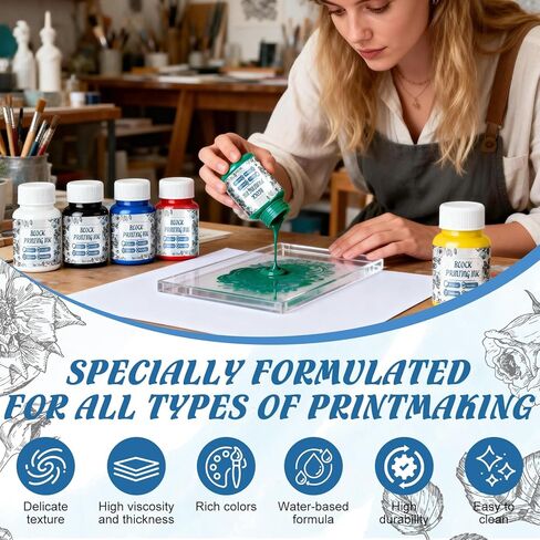 Block Printing Ink Set, 6 Colors Water Soluble Ink for Fabric Paper and Printmaking Creations Fine Granule Moderate Viscosity Vibrant Colors 2.02 Oz Each in Kuwait