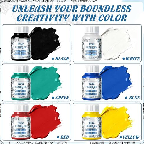 Block Printing Ink Set, 6 Colors Water Soluble Ink for Fabric Paper and Printmaking Creations Fine Granule Moderate Viscosity Vibrant Colors 2.02 Oz Each in Kuwait