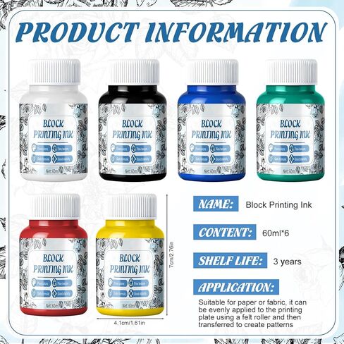 Block Printing Ink Set, 6 Colors Water Soluble Ink for Fabric Paper and Printmaking Creations Fine Granule Moderate Viscosity Vibrant Colors 2.02 Oz Each in Kuwait