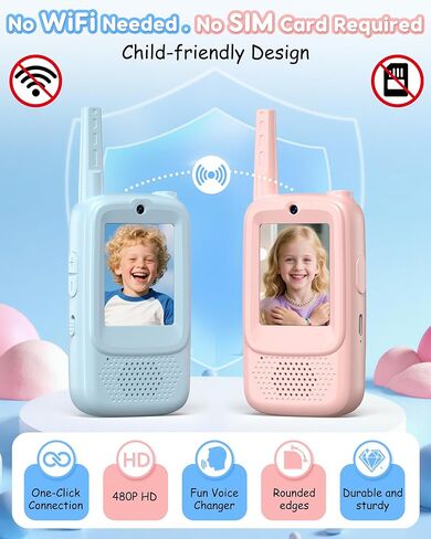 Kids Video Walkie Talkies, 2 Pack with Camera, See Each Other While They Talk, No WiFi No SIM Private Channel, USB-C Rechargeable, Up to 1150 Ft, Ages 3-12, Blue & Pink in Kuwait