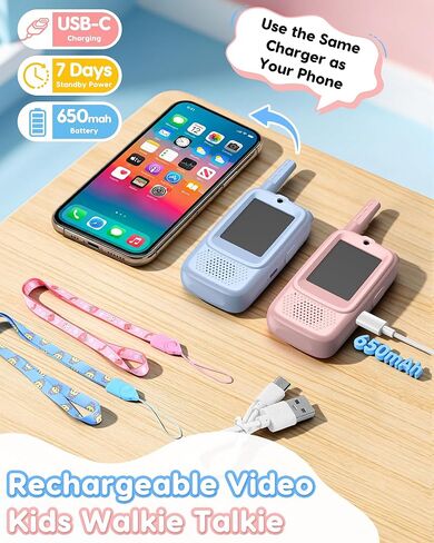 Kids Video Walkie Talkies, 2 Pack with Camera, See Each Other While They Talk, No WiFi No SIM Private Channel, USB-C Rechargeable, Up to 1150 Ft, Ages 3-12, Blue & Pink in Kuwait