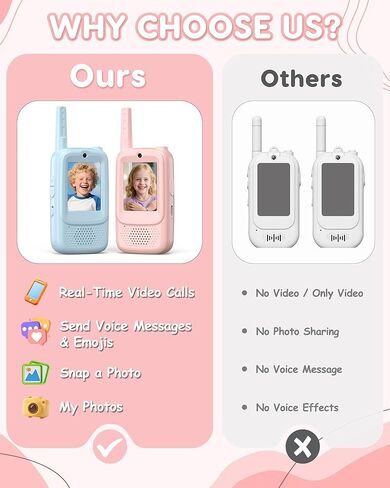 Kids Video Walkie Talkies, 2 Pack with Camera, See Each Other While They Talk, No WiFi No SIM Private Channel, USB-C Rechargeable, Up to 1150 Ft, Ages 3-12, Blue & Pink in Kuwait