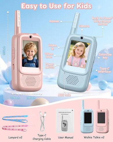 Kids Video Walkie Talkies, 2 Pack with Camera, See Each Other While They Talk, No WiFi No SIM Private Channel, USB-C Rechargeable, Up to 1150 Ft, Ages 3-12, Blue & Pink in Kuwait