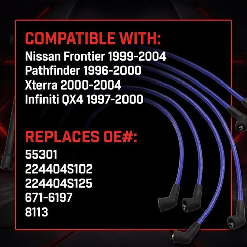 Ignition Spark Plug Wire Set 55301 Compatible with Nissan Frontier 1999-2004 Pathfinder 1996-2000 Xterra 2000-2004 Infiniti QX4 1997-2000 Replaces 224404S102 224404S125 671-6197 8113 (Set of 6) in Kuwait