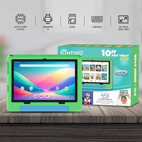 مجموعة تابلت Contixo A10 للأطفال مع سماعات رأس بلوتوث وحقيبة كم، 10.1 بوصة HD Android 15 جهاز لوحي تعليمي للأطفال من سن 3 إلى 12 عامًا، ذاكرة وصول عشوائي 4 جيجابايت، 64 جيجابايت، Lingokids، Epic!، أدوات الرقابة الأبوية، أخضر in Kuwait