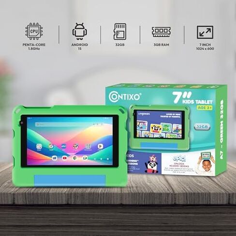Contixo A7 Kids Tablet Bundle with Bluetooth Headphones & Sleeve Case, 7 Inch Android 15 Tablet for Kids Ages 3-12, 3GB RAM 32GB Storage, Lingokids & Epic, 14 Learning Apps, Parental Controls, Green in Kuwait