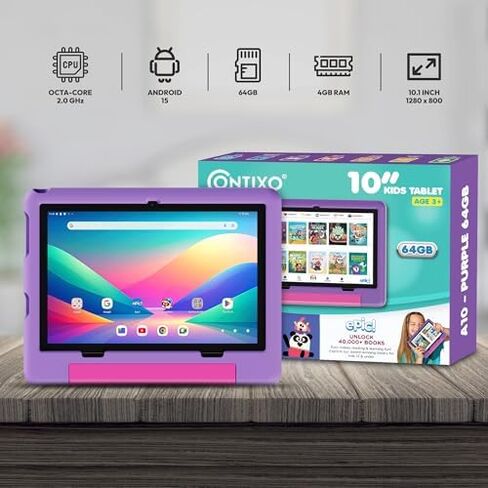 Contixo A10 Kids Tablet Bundle with Bluetooth Headphones & Sleeve Case, 10.1" HD Android 15 Learning Tablet for Kids Ages 3-12, 4GB RAM, 64GB, Lingokids, Epic!, Parental Controls, Purple in Kuwait