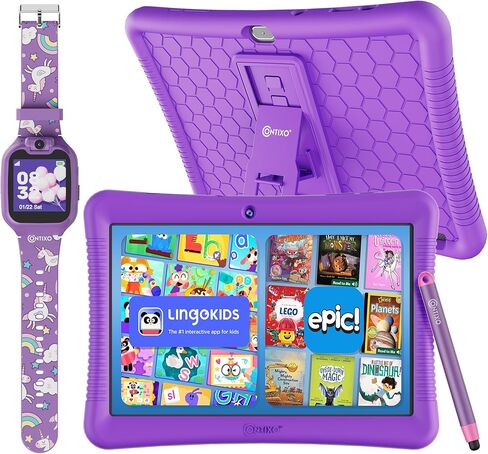 Contixo K102 Kids Tablet Bundle with Smart Watch & Sleeve Bag, 10 Inch Android Tablet for Kids with 32GB, Educational Kids Watch with Games, Camera, Music Player, Parental Controls - Purple in Kuwait