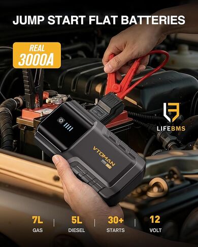 VTOMAN VL3 Jump Starter Upgraded with LiFePO4 Battery, 3000A Portable Car Battery Booster for Up to 7.0L Gas and 5.0L Diesel Engines, 12V Jump Box with LED Flashlight, Jumper Cable, Storage Bag in Kuwait