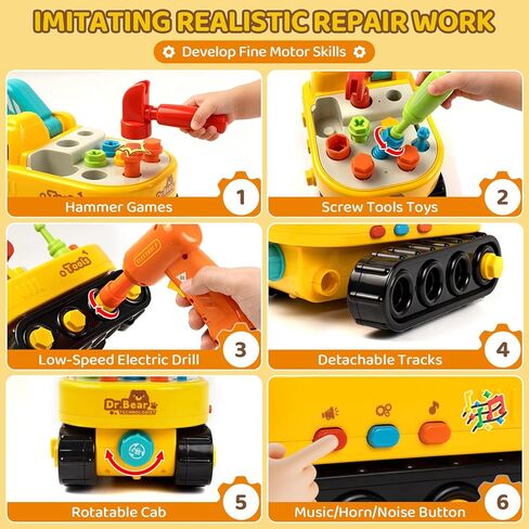 Toys for 2 Year Old Boys, Toddler Tool Set, Excavator Take Apart Toys with Electric Drill, Screwdriver, Wrench, Learning Pretend Construction Toy for 2 3 Years Old Kids Birthday Gift, Musical, Light in Kuwait
