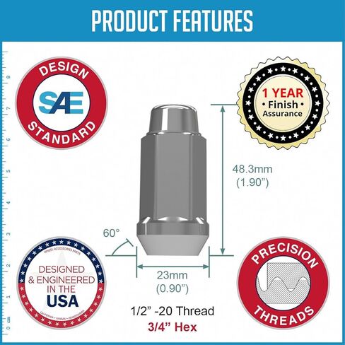 Wheel Accessories Parts 32 Pcs 1/2"-20 Thread Bulge Acorn 1.90" Long Lug Nuts Chrome 3/4" 19mm Hex Fits Dodge D200 D250 D350 Chevy C20 C30 K20 K30 in Saudi Arabia