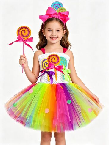 Rainbow Candyland Dress for Girls – Colorful Ice Cream Lollipop Tutu Costume for Birthday, Halloween, Dress-Up Play in Saudi Arabia