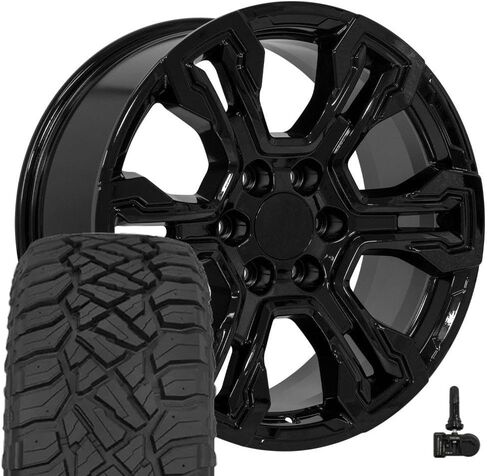 OE Wheels CV65 20 Inch Rims and Tires Fit Silverado 1500 ZR2 Style 6x139.7 20x9 Gloss Black - Hollander 14089 - TerraMax RT 275/55-20 (Set of 4) in Kuwait