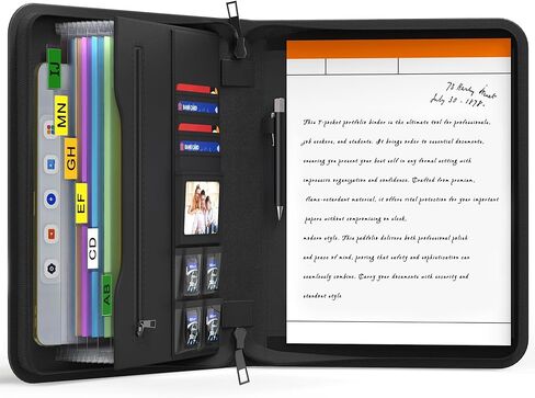 JUNDUN 2500℉ Portfolio Binder with 7 Pockets File Folder,Upgraded Material Fireproof Business Portfolio with Zipper,Professional Portfolio Organizer for 10.1 inch Tablet,Letter Size Documents,Cards in Kuwait
