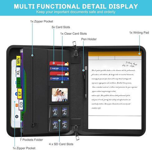 JUNDUN 2500℉ Portfolio Binder with 7 Pockets File Folder,Upgraded Material Fireproof Business Portfolio with Zipper,Professional Portfolio Organizer for 10.1 inch Tablet,Letter Size Documents,Cards in Kuwait