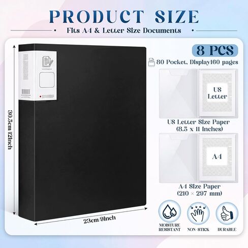 Zhehao 8 Pack 80 Pocket Binder with Plastic Sleeves 9"x12" Portfolio Folder Clear Sheet Protectors Large Presentation Book for Artwork Document Organizer School Office Paper Certificate A4(Black) in Saudi Arabia
