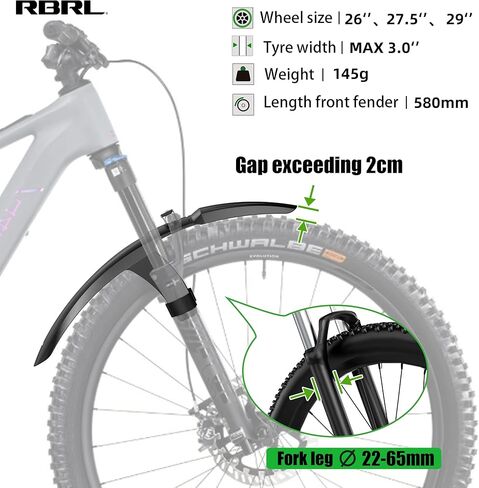 RBRL Bike Fender Set for MTB & E-Bike – Full Coverage Mudguards Compatible with 27.5" / 29" Wheels up to 3.0" – Durable Splash Guard Against Mud & Water – Stable, Tool-Free Installation(Front) in Saudi Arabia