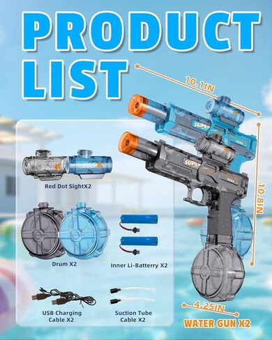 2Pcs Electric Water Gun Toy for Kids Adults,Automatic Squirt Gun with Flashing Muzzle, 26FT Range, Leak-Proof Rechargeable Water Blaster for Summer Pool Beach Water Fights (Black+Blue) in Kuwait