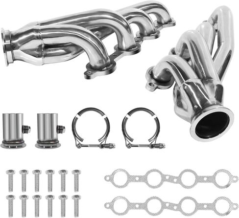 رأس العادم لسيارة Chevy GMC LS Swap، رأس قصير من الفولاذ المقاوم للصدأ مع مجمع V-Band يناسب محركات LS1 LS2 LS3 4.8L 5.3L 5.7L 6.0L 6.2L in Kuwait