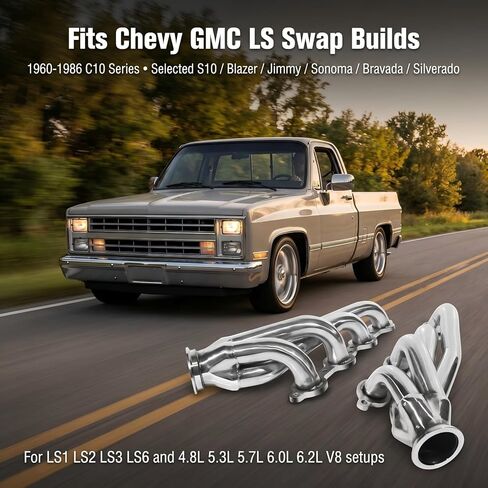 رأس العادم لسيارة Chevy GMC LS Swap، رأس قصير من الفولاذ المقاوم للصدأ مع مجمع V-Band يناسب محركات LS1 LS2 LS3 4.8L 5.3L 5.7L 6.0L 6.2L in Kuwait
