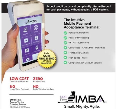 Simba from NRS - The Ultimate Handheld standalone Credit Card Processing Terminal for Dual Pricing/Cash Discount - Requires NRS Account with SwyftPAY Prior to Shipping in Kuwait