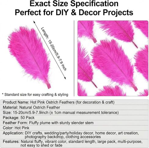 50PCS 15-20cm/6-8inch Colorful Real Natural Ostrich Feather Plume Stage Performance Props DIY Crafting Accessories for Party Home Wedding Centerpieces Party Festival Carnival Decoration(Hot Pink) in Saudi Arabia