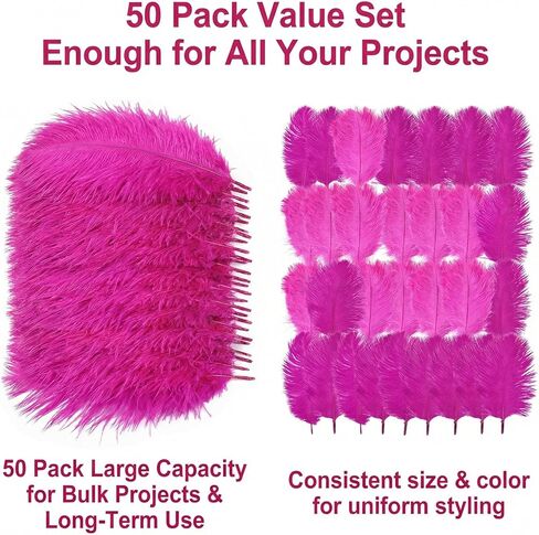 50PCS 15-20cm/6-8inch Colorful Real Natural Ostrich Feather Plume Stage Performance Props DIY Crafting Accessories for Party Home Wedding Centerpieces Party Festival Carnival Decoration(Hot Pink) in Saudi Arabia