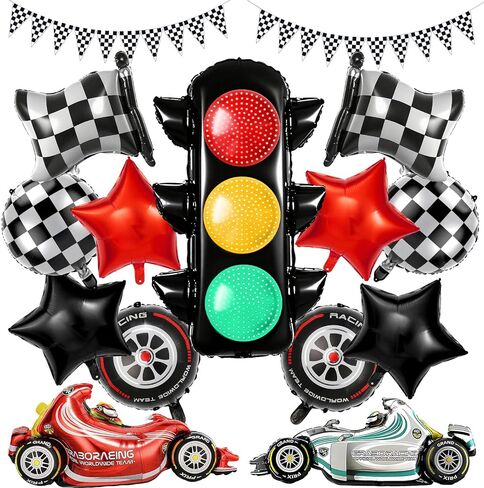 15PC Race Car Birthday Party Decoration Set with Wheel Tire and Race Car Balloons & Checkered Flags - Cars Themed Decorations Kit Includes Traffic Light Balloon for Boys Racing Theme Celebration in Kuwait