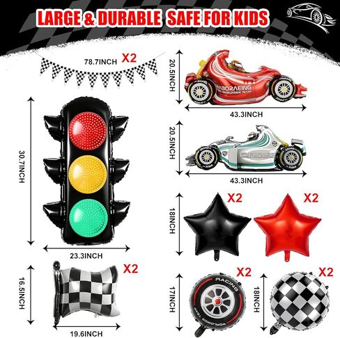 15PC Race Car Birthday Party Decoration Set with Wheel Tire and Race Car Balloons & Checkered Flags - Cars Themed Decorations Kit Includes Traffic Light Balloon for Boys Racing Theme Celebration in Kuwait