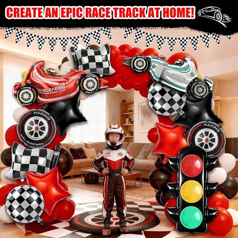 15PC Race Car Birthday Party Decoration Set with Wheel Tire and Race Car Balloons & Checkered Flags - Cars Themed Decorations Kit Includes Traffic Light Balloon for Boys Racing Theme Celebration in Kuwait