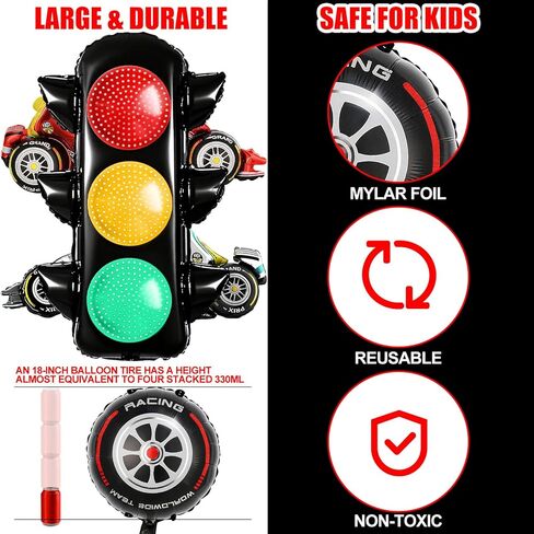 15PC Race Car Birthday Party Decoration Set with Wheel Tire and Race Car Balloons & Checkered Flags - Cars Themed Decorations Kit Includes Traffic Light Balloon for Boys Racing Theme Celebration in Kuwait