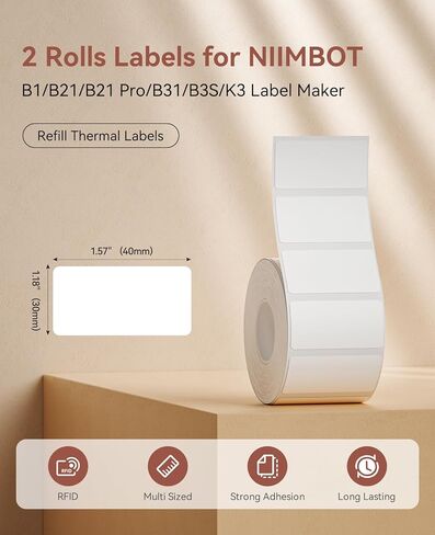 ملصقات NIIMBOT 2 Rolls لـ B1 B21 B21 Pro B3S B31، شريط صانع الملصقات 1.57 بوصة × 0.79 بوصة (40 × 20 مم)، ملصقات طابعة حرارية مقاومة للماء والزيوت والتمزق، أسود على أبيض in Kuwait
