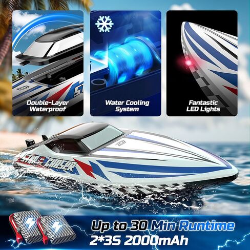 قارب DEERC مقاس 16 بوصة بدون فرشاة للبالغين، قارب سباق للتحكم عن بعد بدرجة 35+ KPH مع طاقة 3S، ضبط ذاتي، عمود محرك معدني، بطاريتين 2 * 2000 مللي أمبير في الساعة وحقيبة حمل للبحيرات وحمامات السباحة in Kuwait
