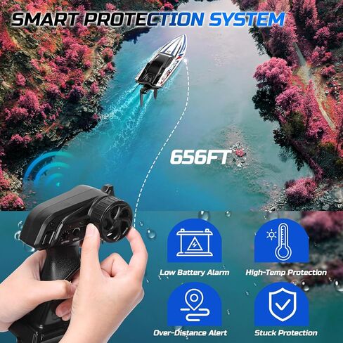قارب DEERC مقاس 16 بوصة بدون فرشاة للبالغين، قارب سباق للتحكم عن بعد بدرجة 35+ KPH مع طاقة 3S، ضبط ذاتي، عمود محرك معدني، بطاريتين 2 * 2000 مللي أمبير في الساعة وحقيبة حمل للبحيرات وحمامات السباحة in Kuwait