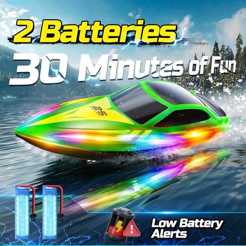 HOLYFUN RC Boat for Kids & Adults, 2.4GHz 9.3 Mph Remote Control Boat with Led Light, 2 Battery(30 Mins Play), Summer Toys Boats for Water Pool & Lake in Kuwait