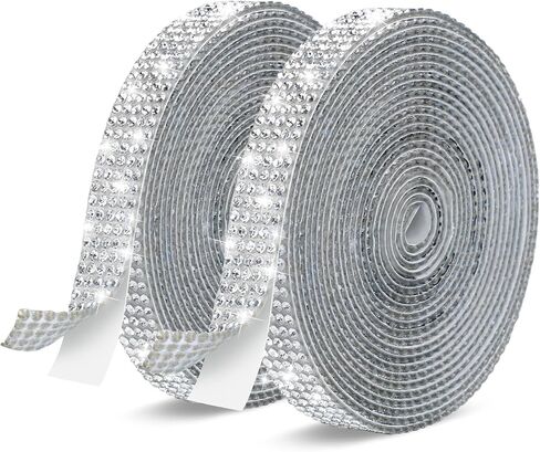 Phinus 2 Rolls Rhinestone Ribbon, 0.4 in 5 Rows Self Adhesive Rhinestone Strips, 6-Yards Crystal Rhinestone Diamond Bling Tape for Cups, Clothes, Belts, Bouquet, Crafting DIY Art Decoration (Silver) in Kuwait
