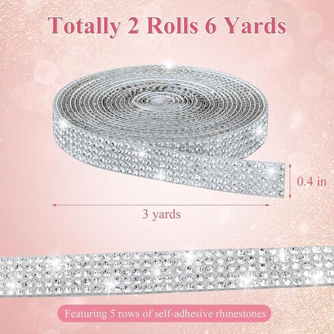 Phinus 2 Rolls Rhinestone Ribbon, 0.4 in 5 Rows Self Adhesive Rhinestone Strips, 6-Yards Crystal Rhinestone Diamond Bling Tape for Cups, Clothes, Belts, Bouquet, Crafting DIY Art Decoration (Silver) in Kuwait