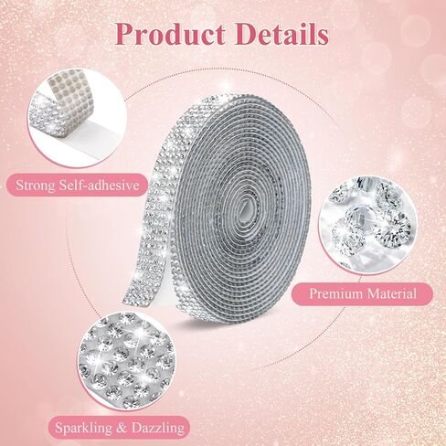 Phinus 2 Rolls Rhinestone Ribbon, 0.4 in 5 Rows Self Adhesive Rhinestone Strips, 6-Yards Crystal Rhinestone Diamond Bling Tape for Cups, Clothes, Belts, Bouquet, Crafting DIY Art Decoration (Silver) in Kuwait