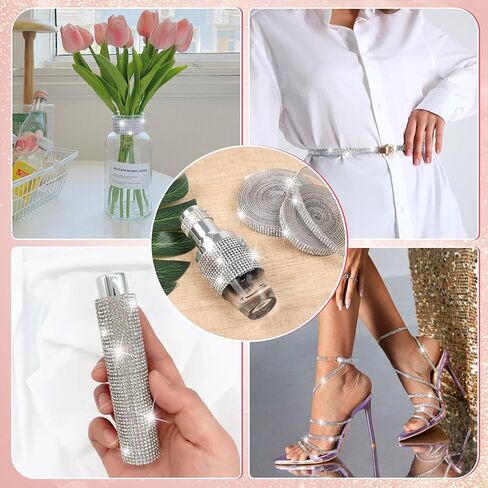 Phinus 2 Rolls Rhinestone Ribbon, 0.4 in 5 Rows Self Adhesive Rhinestone Strips, 6-Yards Crystal Rhinestone Diamond Bling Tape for Cups, Clothes, Belts, Bouquet, Crafting DIY Art Decoration (Silver) in Kuwait