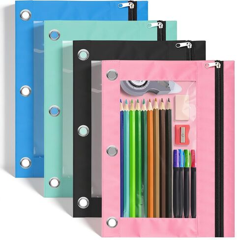 AZUREAL Pencil Pouch for 3 Ring Binder, 4 Pack Colorful Binder Pencil Pouch with Clear Window, Sturdy and Durable Oxford Cloth Binder Accessories for Office School Supplies in Kuwait