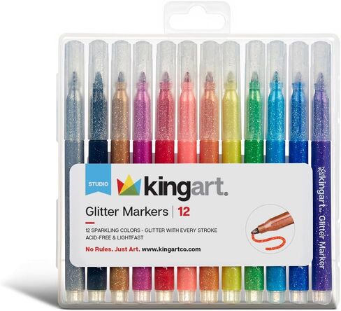 KINGART GLITTER MARKERS 12 Sparkling Colors with Gold & Silver, Non-Toxic Water Based Glitter Pens Writes on Multiple Surfaces with Bullet tip for Adult Coloring Books, Craft, Doodling, Drawing in Saudi Arabia