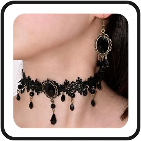 Atiptu Gothic Vampire Lace Choker Necklace Earrings for Women Black Crystal Cameo Earrings Vampire Blood Teardrop Necklace Halloween Mystic Witch Costume Accessories in Saudi Arabia