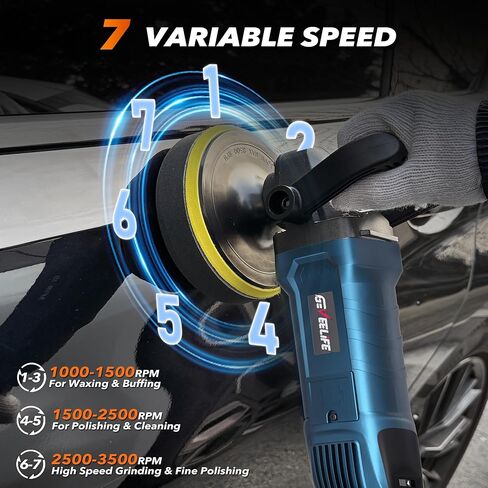 GEVEELIFE Buffer Polisher, 6 Inch/7 Inch 1600W Rotary Car Buffer Polisher Waxer, 7 Variable Speed 1000-3500 RPM, Detachable Handle for Car, Boat Sanding, Polishing, Waxing in Kuwait