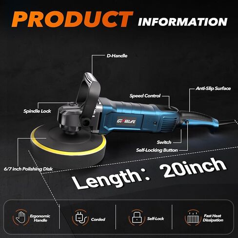 GEVEELIFE Buffer Polisher, 6 Inch/7 Inch 1600W Rotary Car Buffer Polisher Waxer, 7 Variable Speed 1000-3500 RPM, Detachable Handle for Car, Boat Sanding, Polishing, Waxing in Kuwait