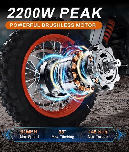 Electric Dirt Bike for Teens, 2000W Powerful Motorcycle with 48V 20AH Lithium Battery, 14"/12" Fat Tire Off-Road and 3 Speed Modes EBike Fit Age 13+, Orange in Saudi Arabia