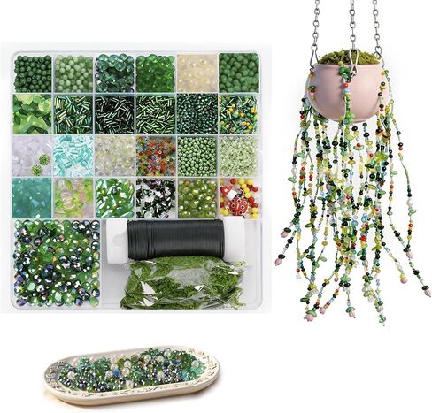 Cxomnndiw DIY Beaded Plant & Bracelet Making Kit, Assorted Beads, Green Glass Flower & Leaf Styles with 2 Types of Beading Wires in Kuwait