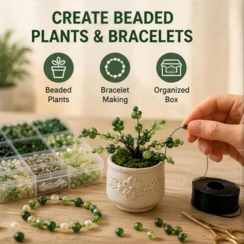 Cxomnndiw DIY Beaded Plant & Bracelet Making Kit, Assorted Beads, Green Glass Flower & Leaf Styles with 2 Types of Beading Wires in Kuwait