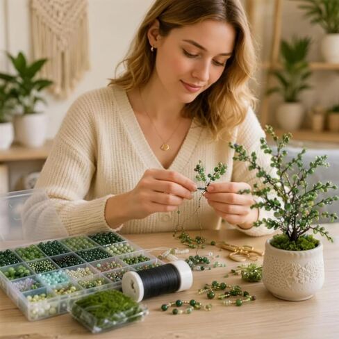 Cxomnndiw DIY Beaded Plant & Bracelet Making Kit, Assorted Beads, Green Glass Flower & Leaf Styles with 2 Types of Beading Wires in Kuwait
